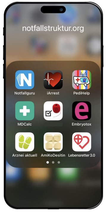 Smartphone mit Notfall-Apps: Notfallguru, iArrest, PediHelp, MDCalc, Embryotox, Arznei aktuell, AmiKo Desitin, Lebensretter 3.0